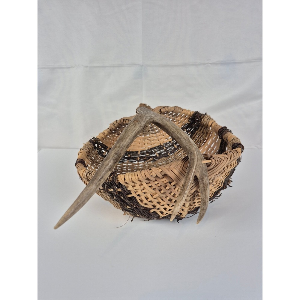 Vintage Deer Antler Handle Woven Basket Rustic Cabin Lodge Decor Handmade